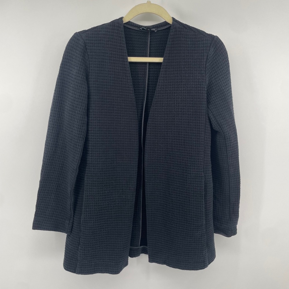 Eileen Fisher Cardigan Jacket Womens XXS Black Waffle Knit Italian Fabric Open
